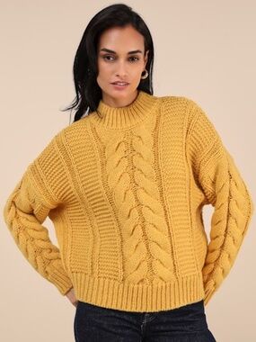 Lulus Timeless Warmth Mustard Yellow Cable Knit Pullover Sweater - Size S